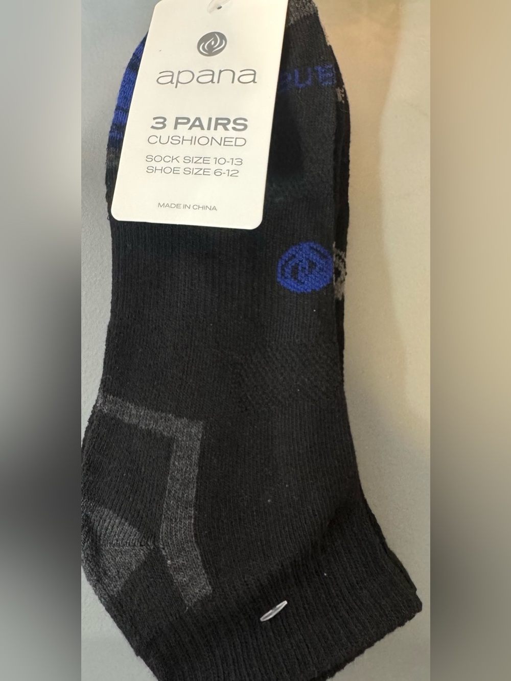 Apana Black Athletic Ankle Socks w/ Blue Logo Accents (3 Pairs) cushioned comfy